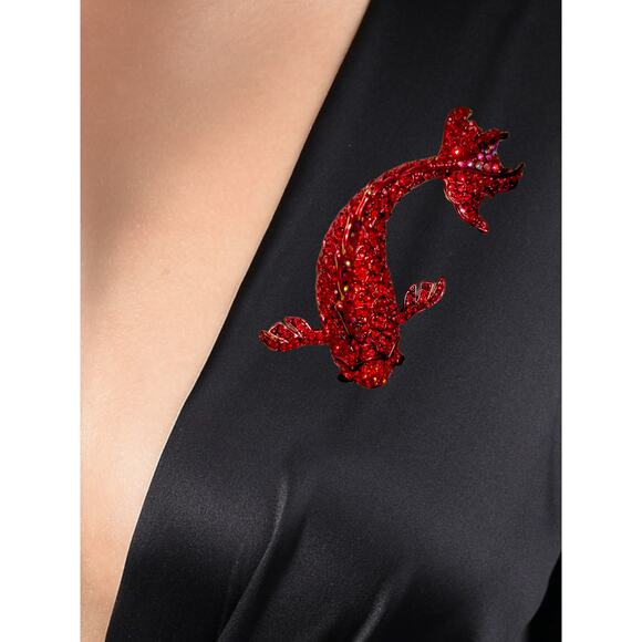 Mythical Gold-tone Red Austrian Crystal Koi Fish Pin Brooch - Picture 5 of 5